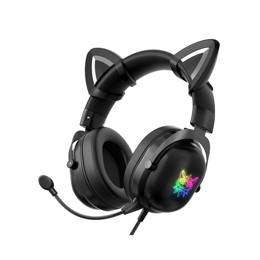 (Black) Wired Headset Stereo Gaming Headphone Cat Ear Cute RGB Luminous 3.5mm Wired Adjustable Over-Ear Headphone with Mic