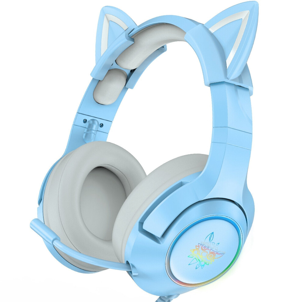 (Blue) Wired Headphones Stereo Dynamic Drivers Noise Reduction Headset 3.5MM RGB Luminous Pink Cat Ear Adjustable Over-Ear Gaming Headphones with Mic