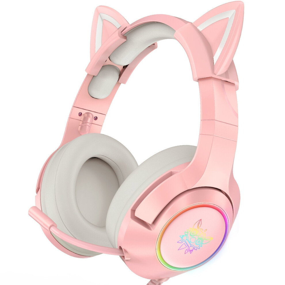 (Pink) Wired Headphones Stereo Dynamic Drivers Noise Reduction Headset 3.5MM RGB Luminous Pink Cat Ear Adjustable Over-Ear Gaming Headphones with Mic