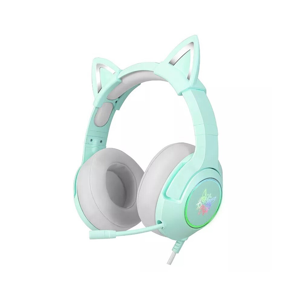 (Green) Wired Headphones Stereo Dynamic Drivers Noise Reduction Headset 3.5MM RGB Luminous Pink Cat Ear Adjustable Over-Ear Gaming Headphones with Mic