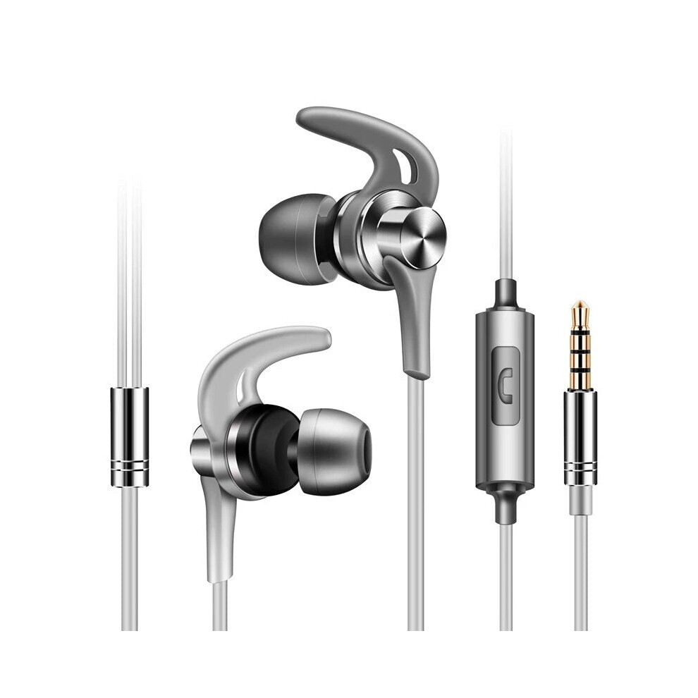 (Grey) Metal In-ear Wired Headphone Horn Hi-Fi Music Heavy Bass Stereo Sound Headset Sports Running Earphones with Microphone