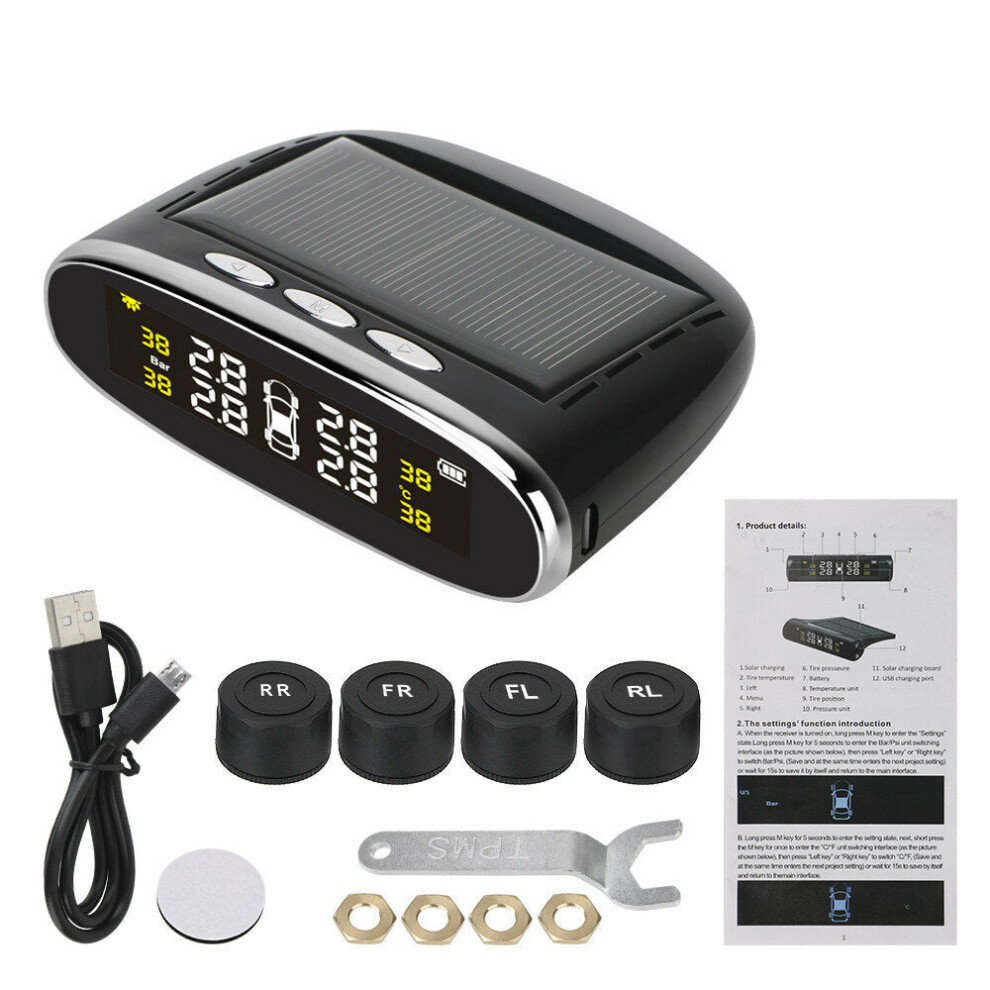 (External) Solar Power Tpms Temperature Alert Lcd Display Car Tire Pressure Alarm Monitor System With 4 Internal/External Sensor 9078193194647