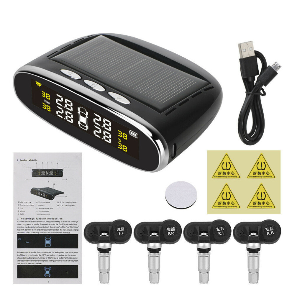 (Internal) Solar Power Tpms Temperature Alert Lcd Display Car Tire Pressure Alarm Monitor System With 4 Internal/External Sensor 9078193194654