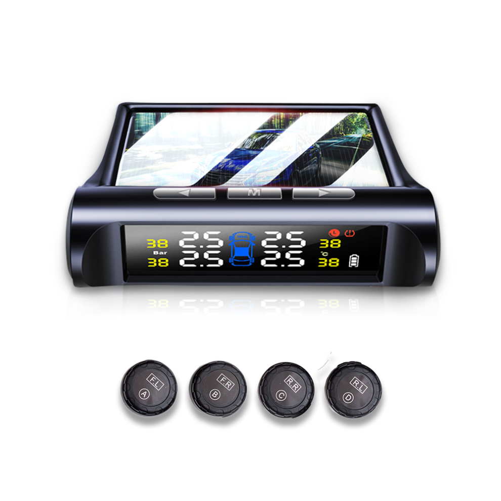 Solar Power Tire Pressure Monitor System Universal Tester Wireless LCD Display with 4 External Sensors