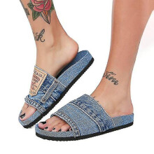(Blue, 39) Women's Stylish Denim Slides Handmade Denim Slip-on Slippers Of Recycled Jeans Compatible
