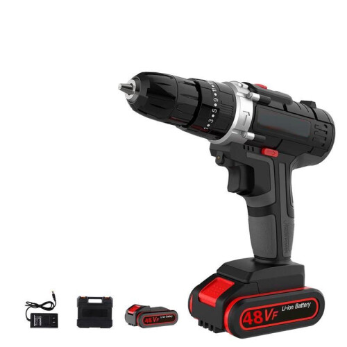 (Two Batteries, EU Plug) 7500mAh 2 Speed Electric Drill 25+3 Torque Power Driver Drills Multi-function Rechargeable Hand Drill 1
