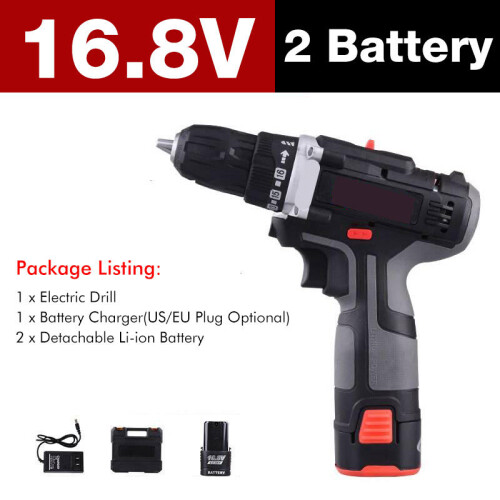 (Two Batteries, US Plug) 7500mAh 2 Speed Electric Drill 25+3 Torque Power Driver Drills Multi-function Rechargeable Hand Drill