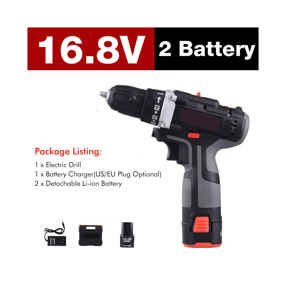 (Two Batteries, US Plug) 7500mAh 2 Speed Electric Drill 25+3 Torque Power Driver Drills Multi-function Rechargeable Hand Drill