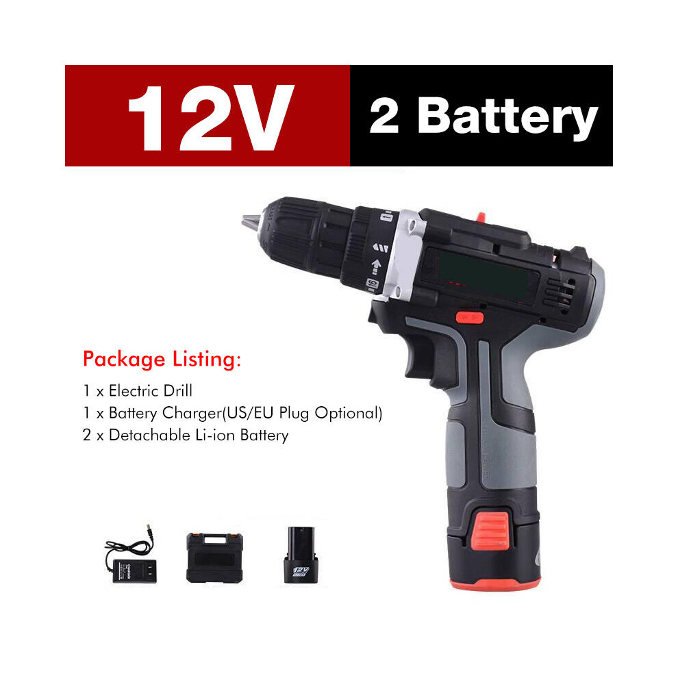 (Two Batteries, EU Plug) 7500mAh 2 Speed Electric Drill 25+3 Torque Power Driver Drills Multi-function Rechargeable Hand Drill