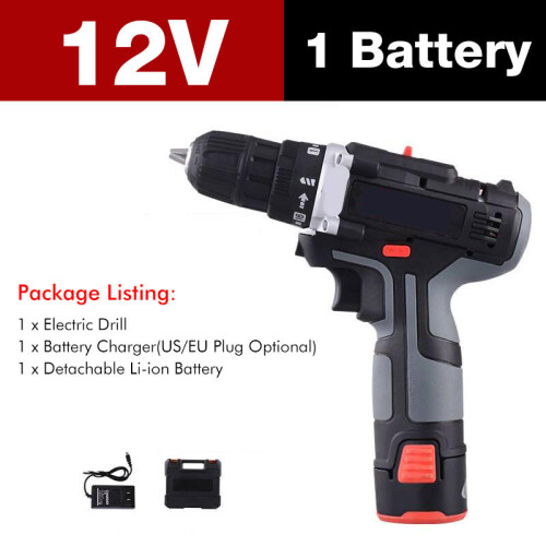 (One Battery, EU Plug) 7500mAh 2 Speed Electric Drill 25+3 Torque Power Driver Drills Multi-function Rechargeable Hand Drill 2