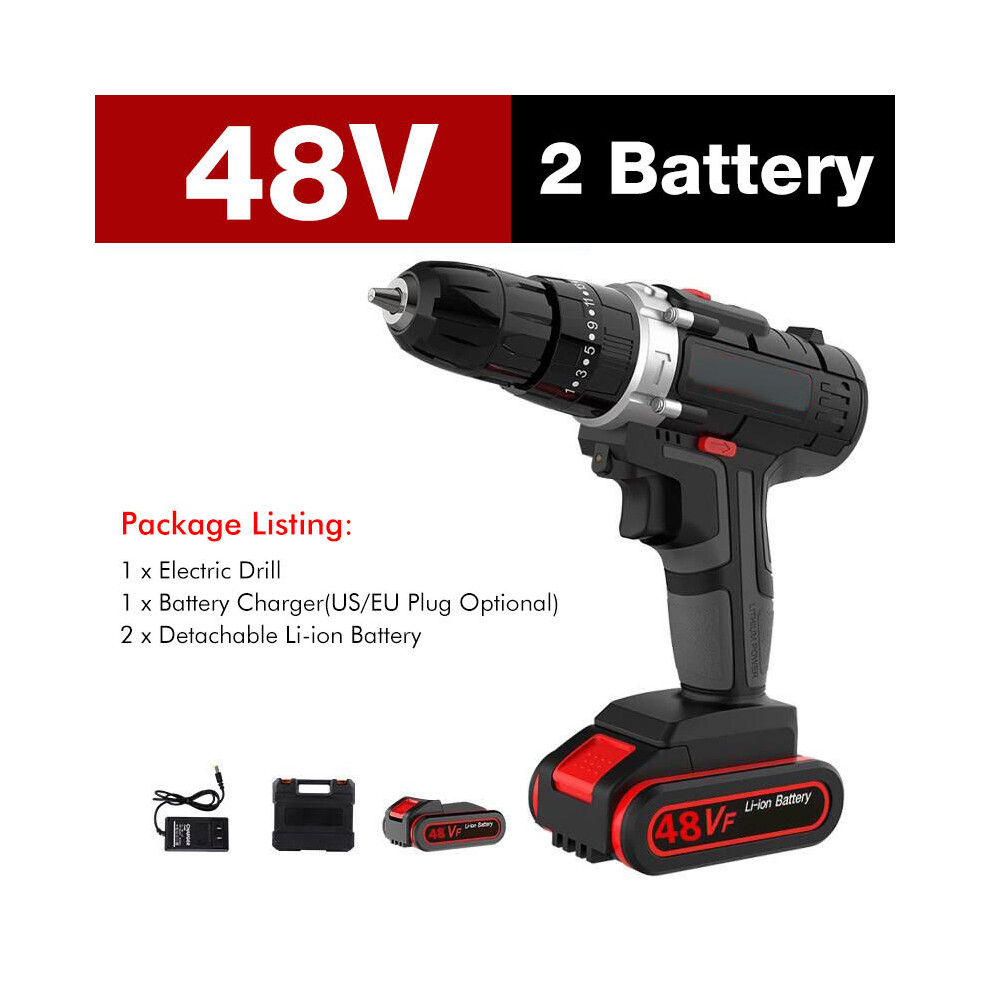 (Two Batteries, EU Plug) 7500mAh 2 Speed Electric Drill 25+3 Torque Power Driver Drills Multi-function Rechargeable Hand Drill