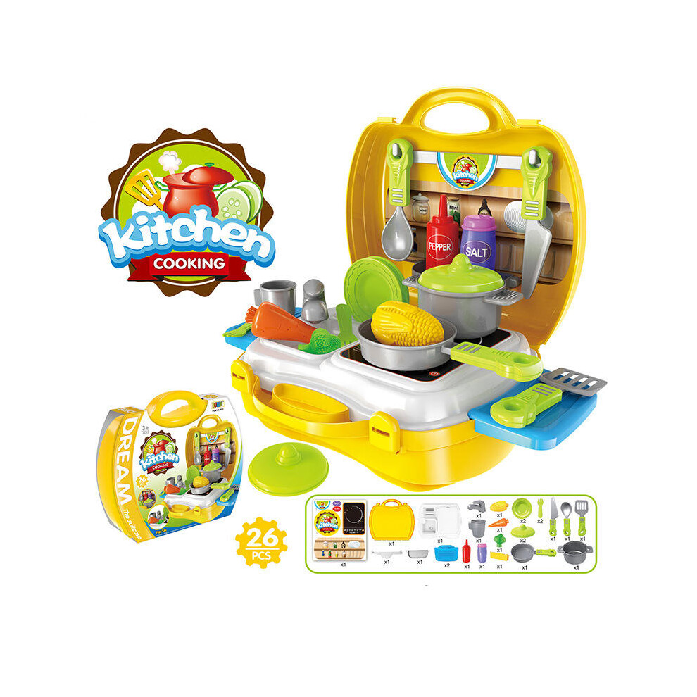 (Yellow) Children Simulation Kitchen Cook Tableware Dresser Cashier Tool Suitcase Doctor House Toys