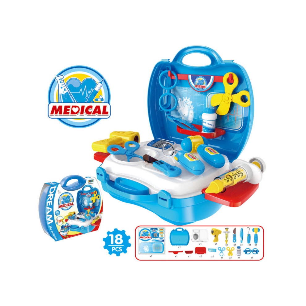 (Blue) Children Simulation Kitchen Cook Tableware Dresser Cashier Tool Suitcase Doctor House Toys