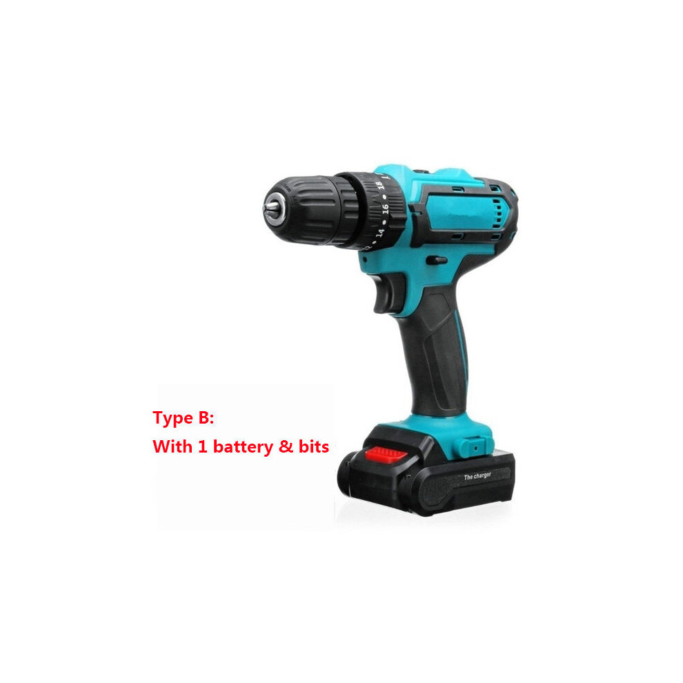 (1 Battery) 21V Cordless Electric Drill Rechargeable Screwdriver 2 Speed Woodworking Tool