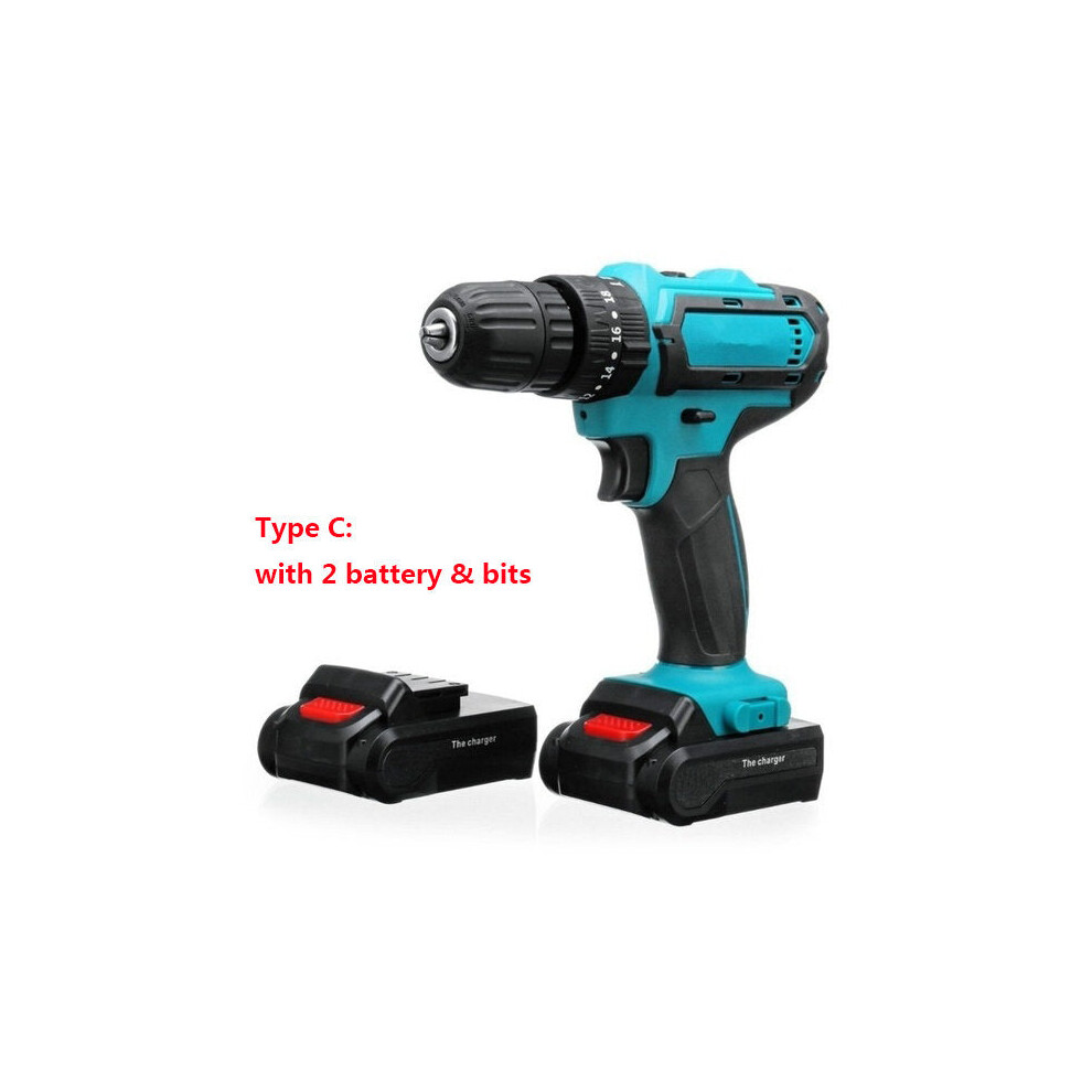 (2 Batteries) 21V Cordless Electric Drill Rechargeable Screwdriver 2 Speed Woodworking Tool