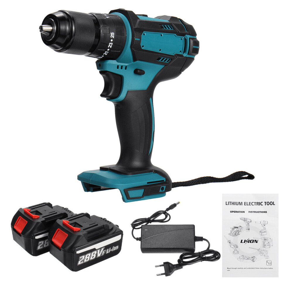 (Two Batteries, EU Plug) 13mm 800W Cordless Electirc Impact Drill Driver 25+3 Torque Electric Drill Screwdriver