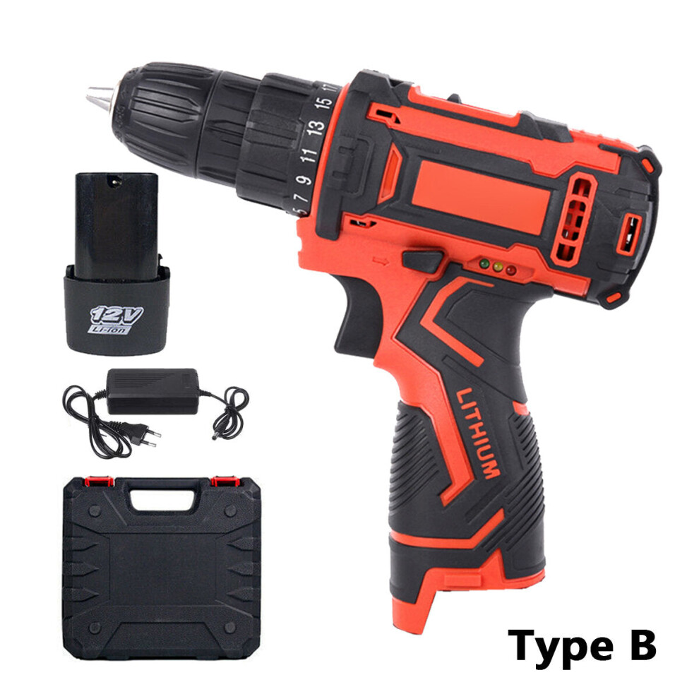 (One Battery, EU Plug) 12V Electric Drill Cordless Wireless Rechargeable Electric Screwdriver Drill Set LED W/ 1/2 Batteries Wood Metal Plastic Drilli