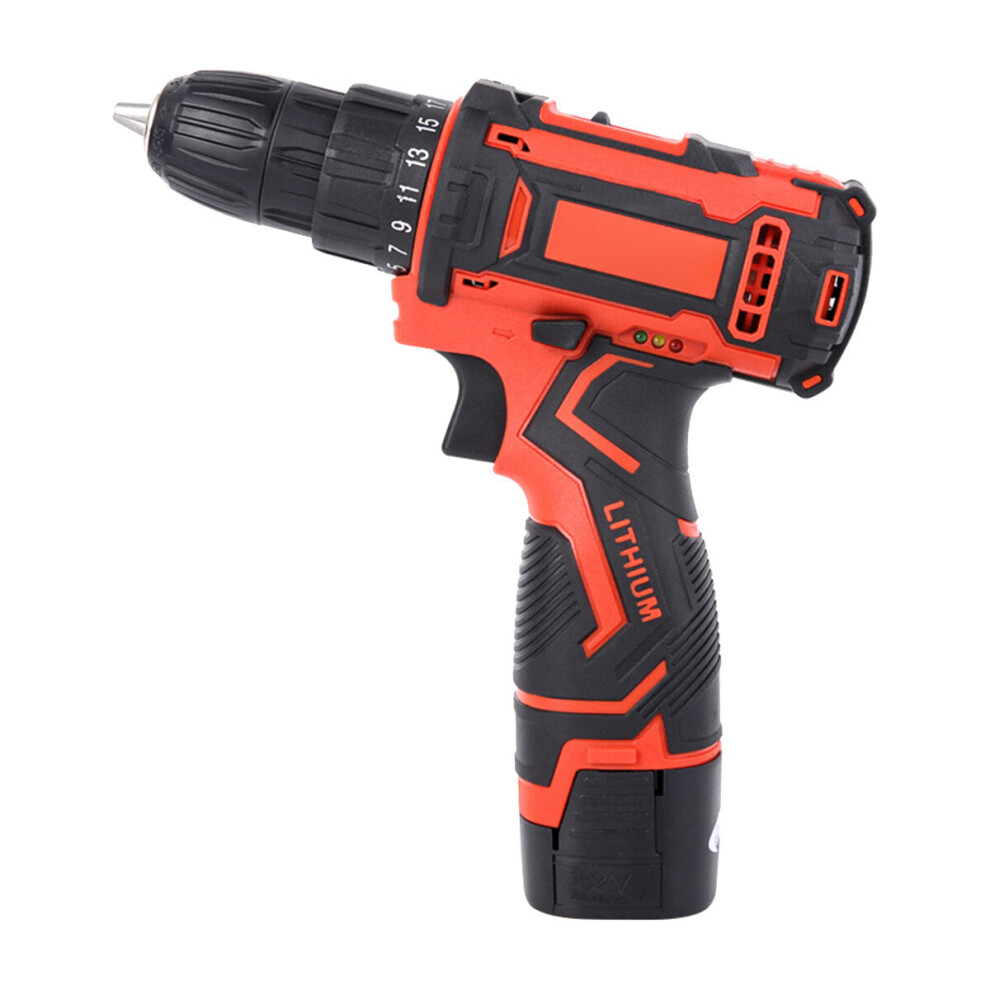 (Two Batteries, EU Plug) 12V Electric Drill Cordless Wireless Rechargeable Electric Screwdriver Drill Set LED W/ 1/2 Batteries Wood Metal Plastic Drilling Tool