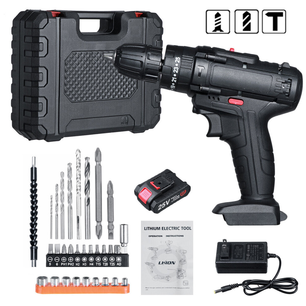 (One Battery, US Plug) 25V Cordless Electric Drill Bits Screwdriver Kit Handheld Power Tool + Battery