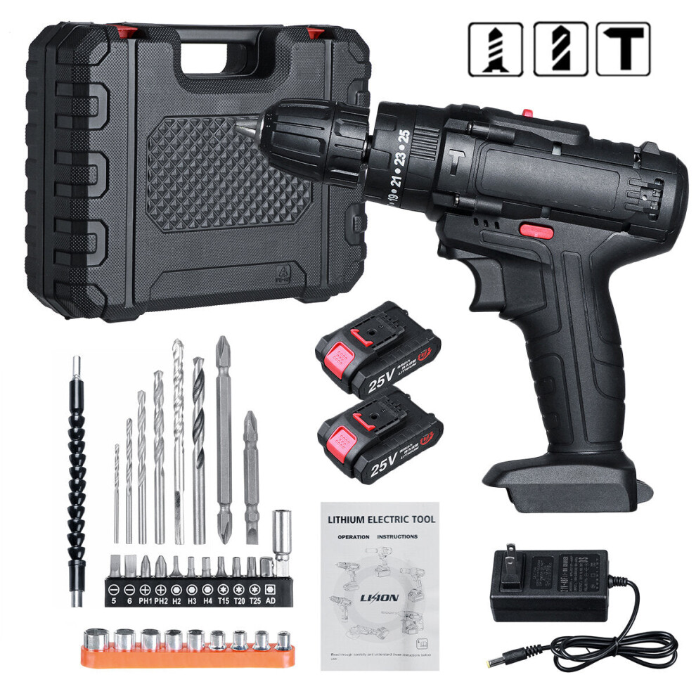 (Two Batteries, US Plug) 25V Cordless Electric Drill Bits Screwdriver Kit Handheld Power Tool + Battery