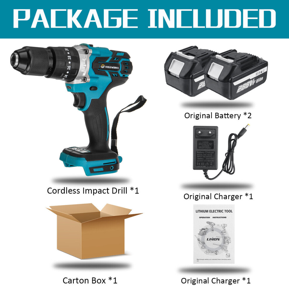 (Two Batteries Carton Box) 3 In 1 Cordless Electric Impact Drill Driver Brushless Driver Drill Hammer with EU Plug LED Working Light