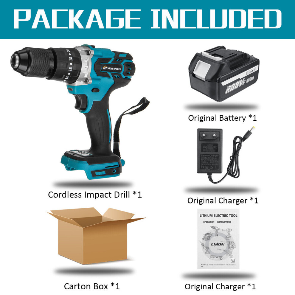 (One Battery Carton Box) 3 In 1 Cordless Electric Impact Drill Driver Brushless Driver Drill Hammer with EU Plug LED Working Light