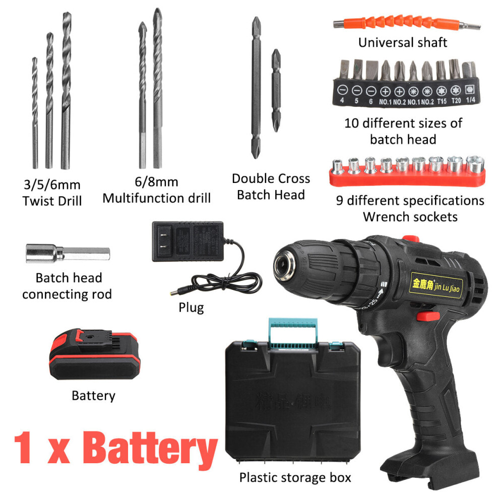 (One Battery, US Plug) 32pcs 36VF Cordless Brushless Electric Impact Drill Rechargeable Drill Screwdriver Power Tool W/ 1/2pcs Battery