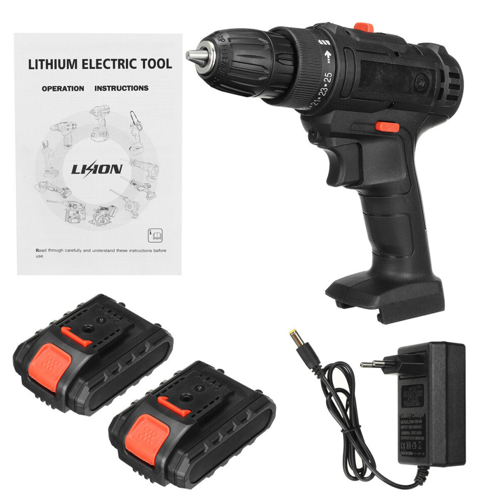 (Two Batteries Eu Plug) 21V 2 Speed Household Lithium Battery Cordless Drill Driver Power Drill Electric Drill With Battery 1138392119570