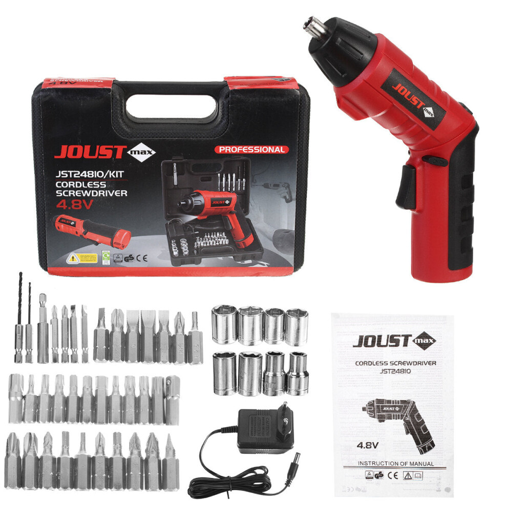 (Red, EU Plug) 48Pcs 4.8V Cordless Electric Screwdriver Multi-function Rechargeable Electric Drill Household DIY Screwdriver Set