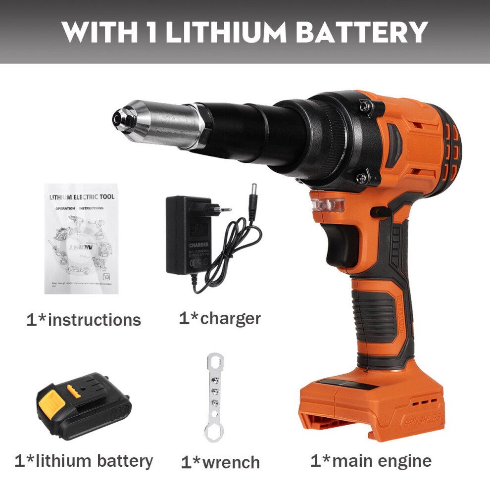 (One Battery EU Plug) 21V Electric Rivet Cordless Rivet Nut Drill Insert Nut Pull Riveting Tool 2.4-4.8mm With LED Light