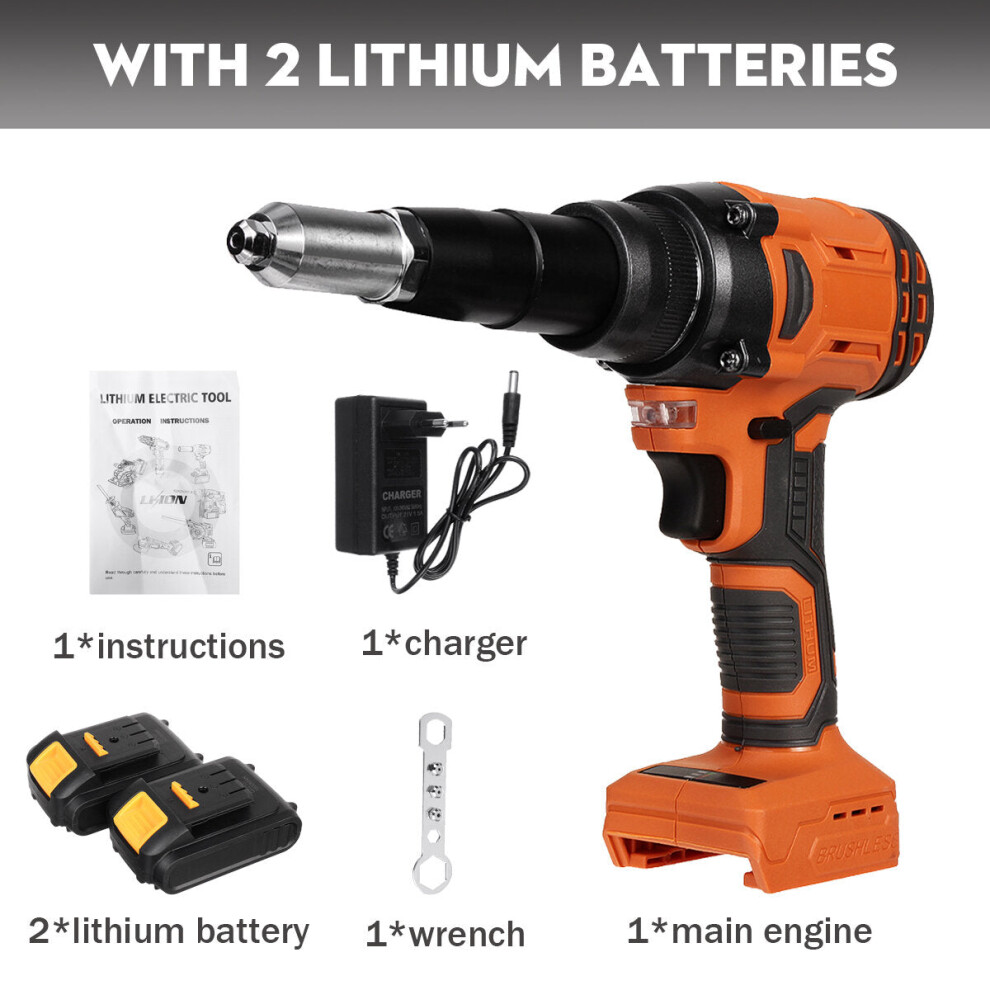 (Two Batteries EU Plug) 21V Electric Rivet Cordless Rivet Nut Drill Insert Nut Pull Riveting Tool 2.4-4.8mm With LED Light