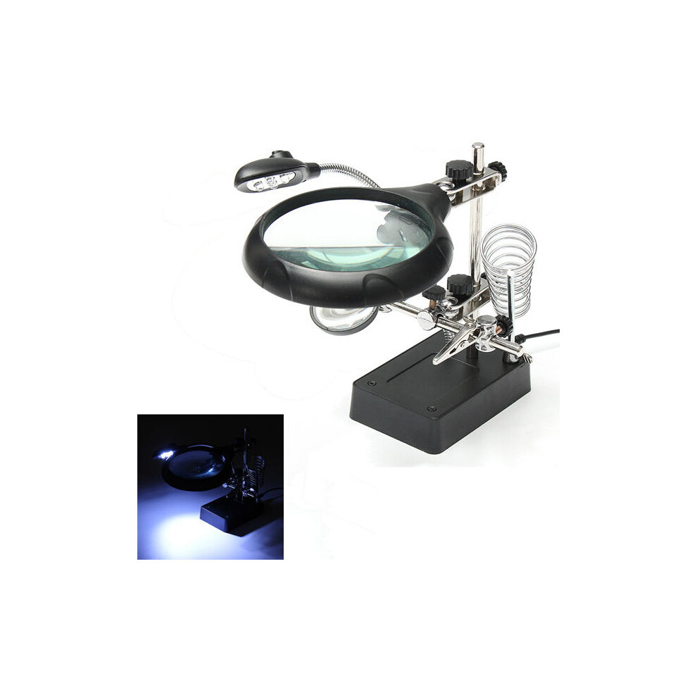 (US Plug) 5 LED Light Magnifier Magnifying Glass Helping Hand Soldering Stand with 3 Lens