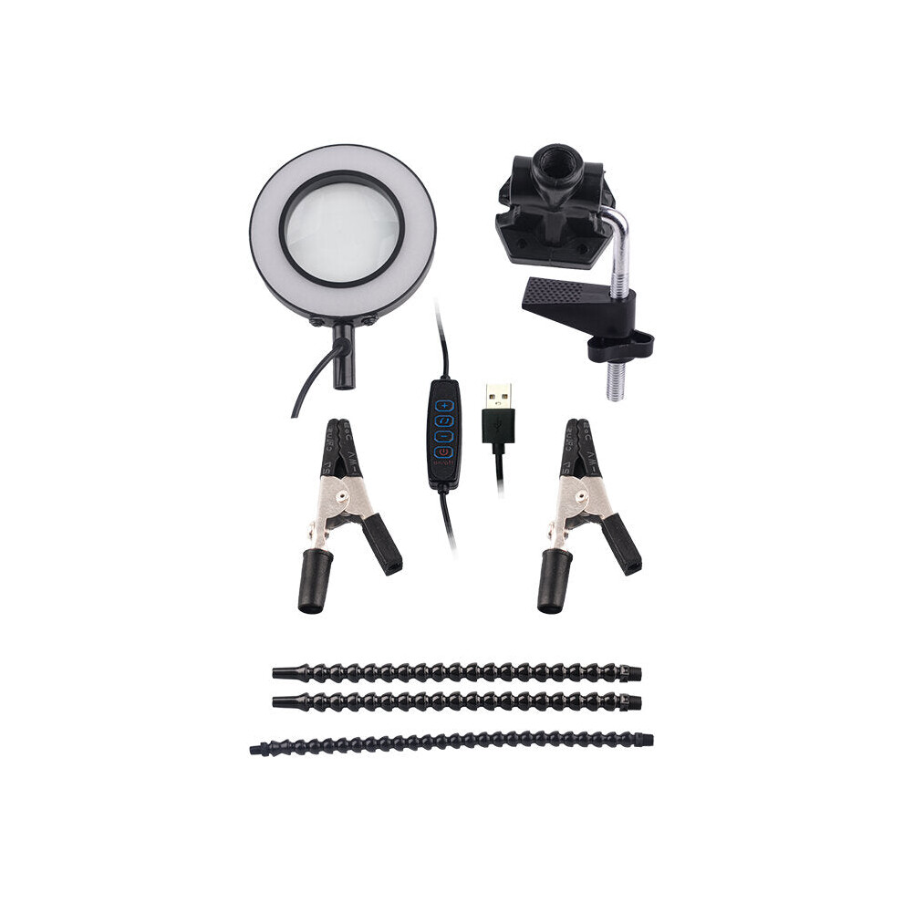 (Black) Desk Clip Magnifier PCB Soldering Holder 3X Magnifier with LED Light 3Pcs Flexible Arm Soldering Third Hand Tool