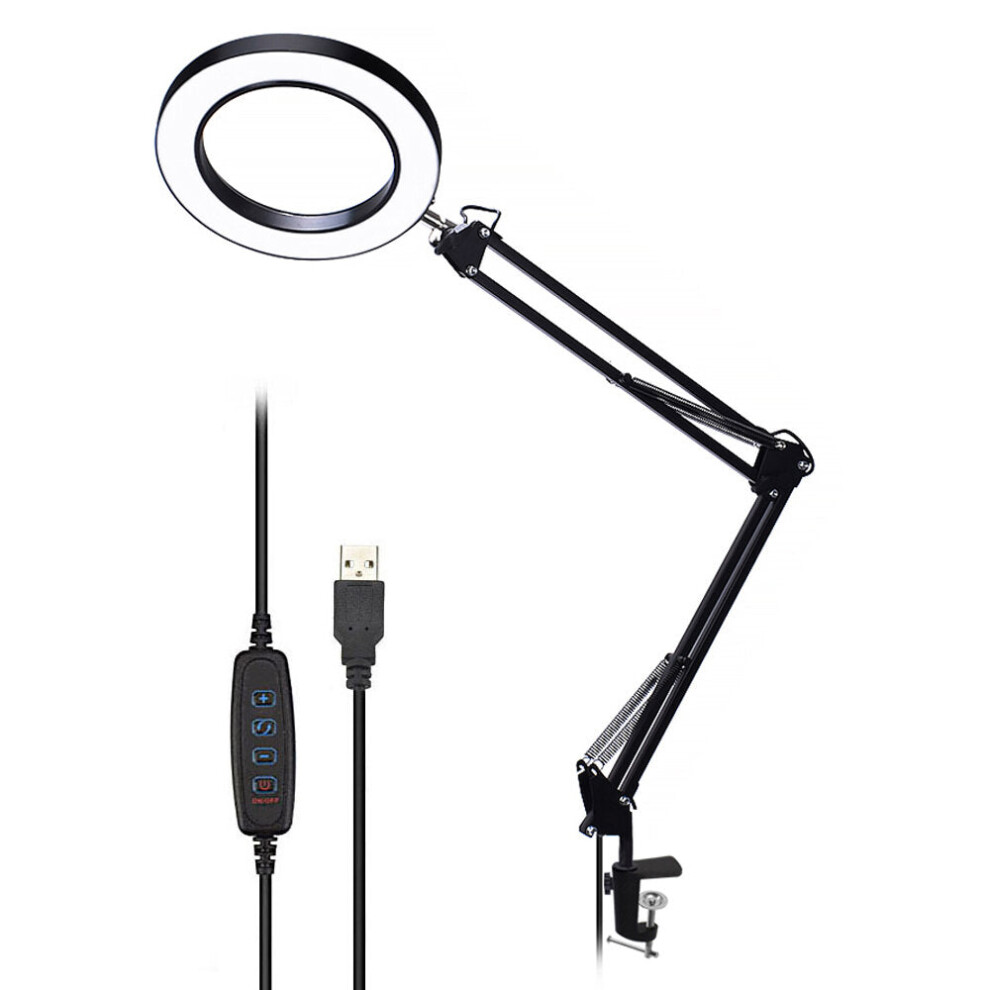 (Black) Lighting LED 5X 740mm Magnifying Glass Desk Lamp with Clamp Hands USB-powered LED Lamp Magnifier with 3 Modes Dimmable