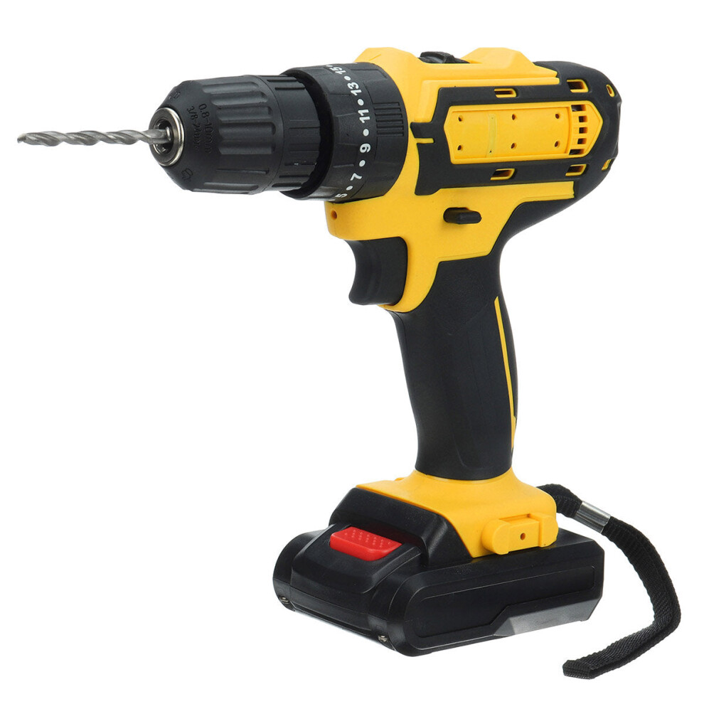 (Yellow, One Battery) Cordless Rechargeable Electric Drill Screwdriver LED Portable Metal Wood Drilling Tool W/ 1/2pcs Battery & Storage Box