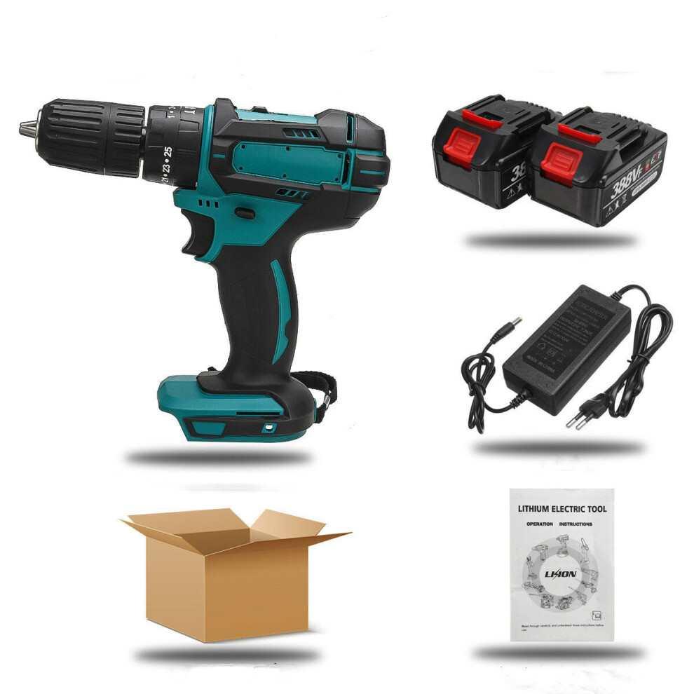 (Two Batteries) 388VF 1500W Electric Cordless Impact Drill LED Working Light Rechargeable Woodworking Maintenance Tool W/ 1pc/2pcs Battery