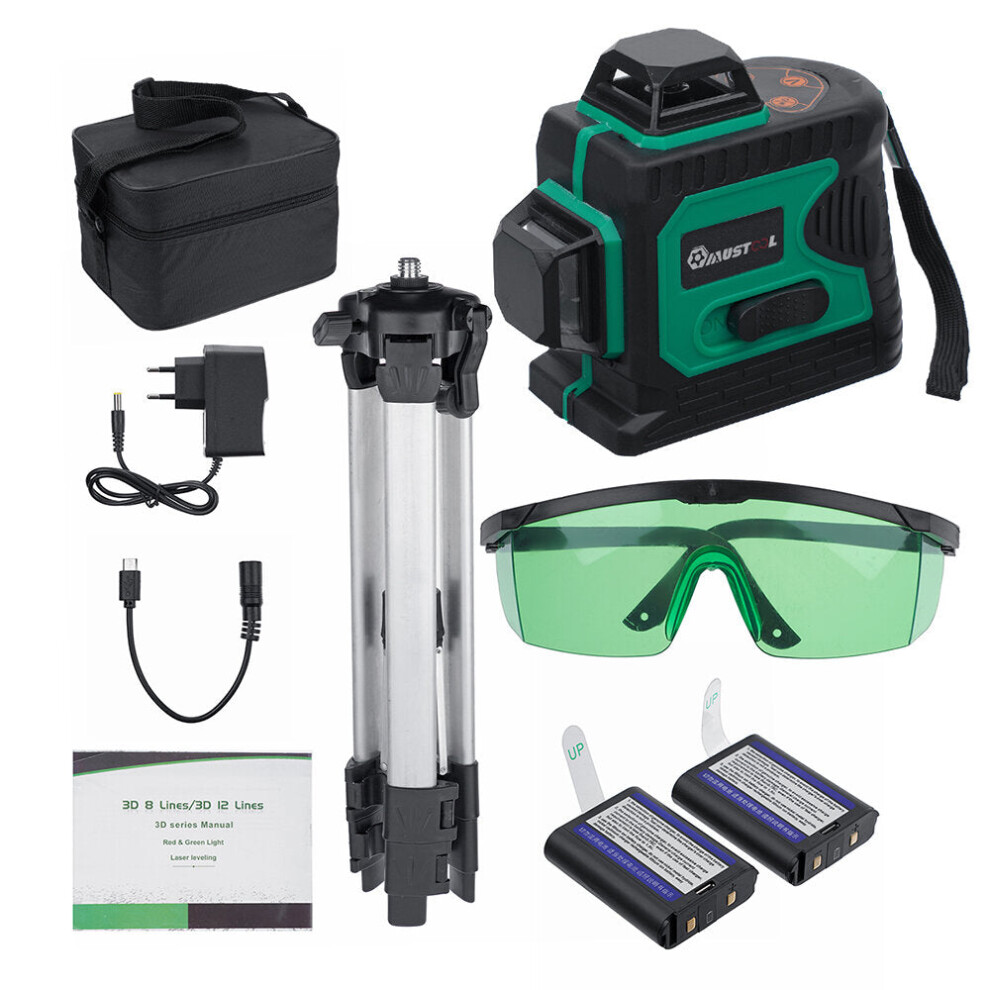 (Laser Level + 1M Tripod + Conversion) 3D Green Auto Laser Level 12 Lines 360 Horizontal & Vertical Cross Build Tool Measuring Tools With 2 Batteries 8727971260630