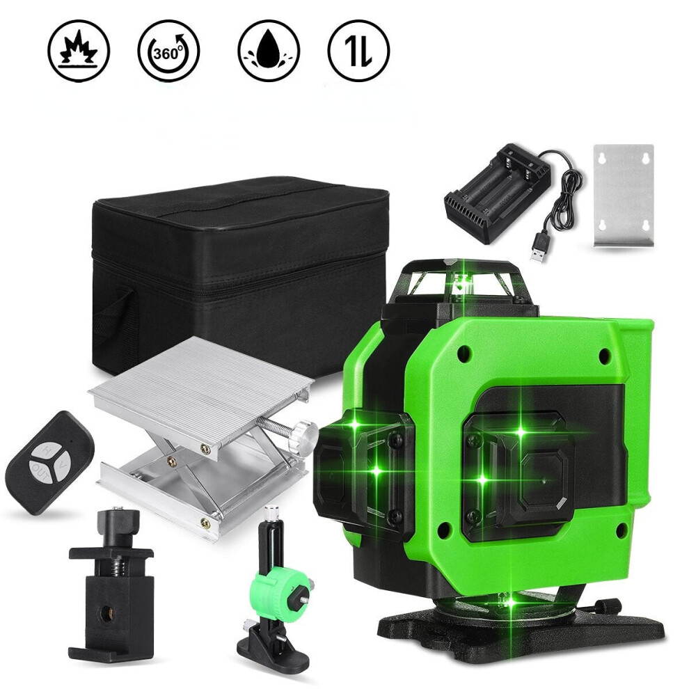 (Green, 16 line) 16/12 Line 4D 360 Horizontal Vertical Cross Green Light Laser Level Self-Leveling Measure Super Powerful Laser Beam