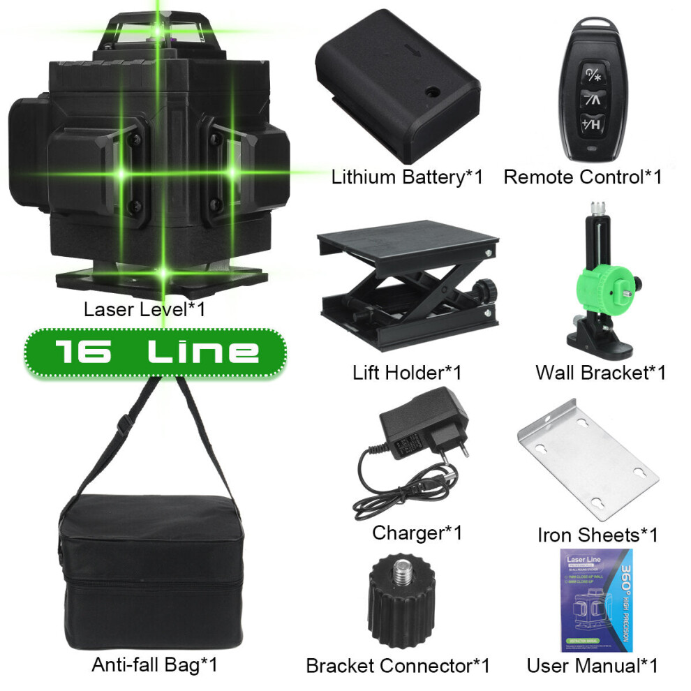 (16 line) 16/12/8 Line 360 4D Horizontal Vertical Cross Green Light Laser Level Self-Leveling Measure Super Powerful Laser Beam