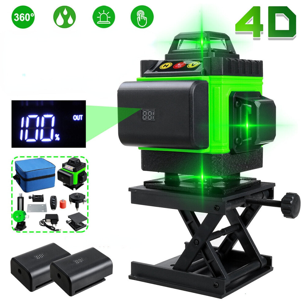 (1PC Battery) 16 Lines 4D Laser Level, Green Laser Line, Self Leveling, Horizontal Lines &360 Degree Vertical Cross with 2xBattery for Outdoor