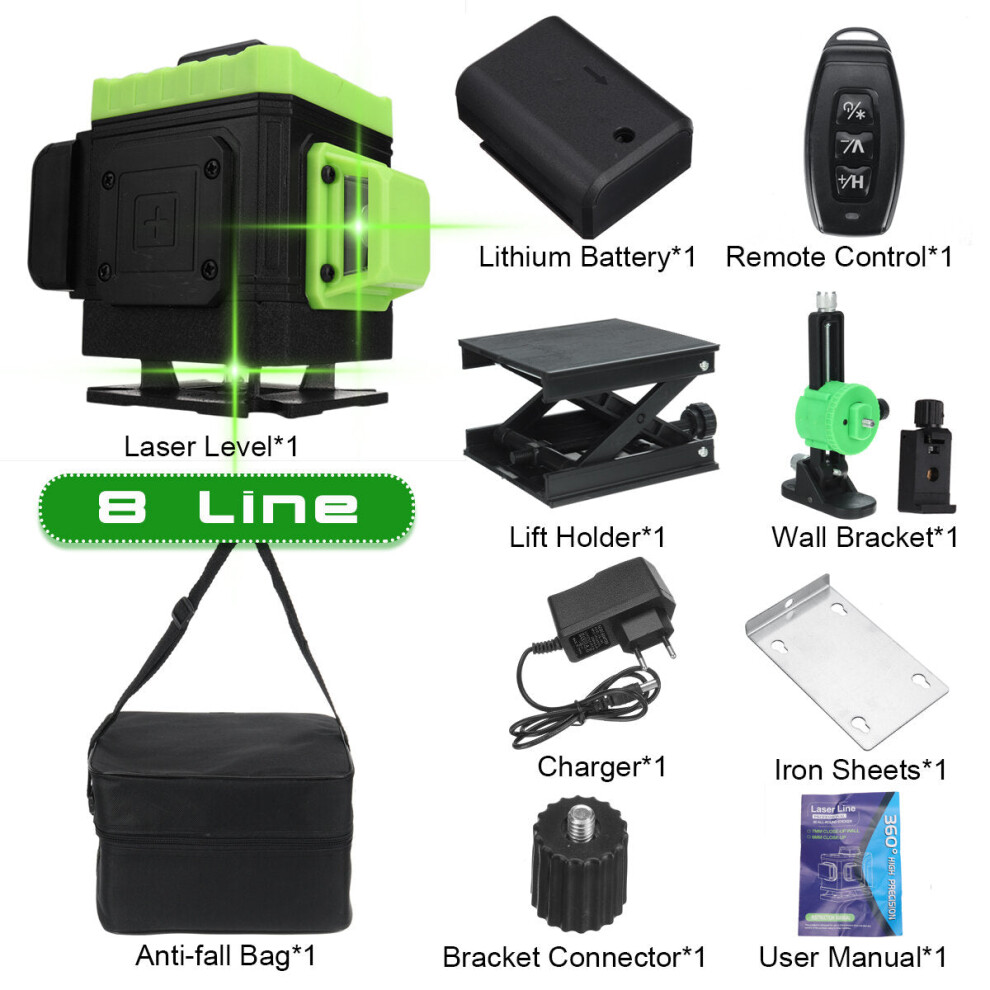 (8 line) 16/12/8 Line 4D 360 Horizontal Vertical Cross Green Light Laser Level Self-Leveling Measure APP Control