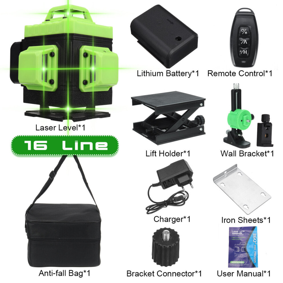 (16 line) 16/12/8 Line 4D 360 Horizontal Vertical Cross Green Light Laser Level Self-Leveling Measure APP Control