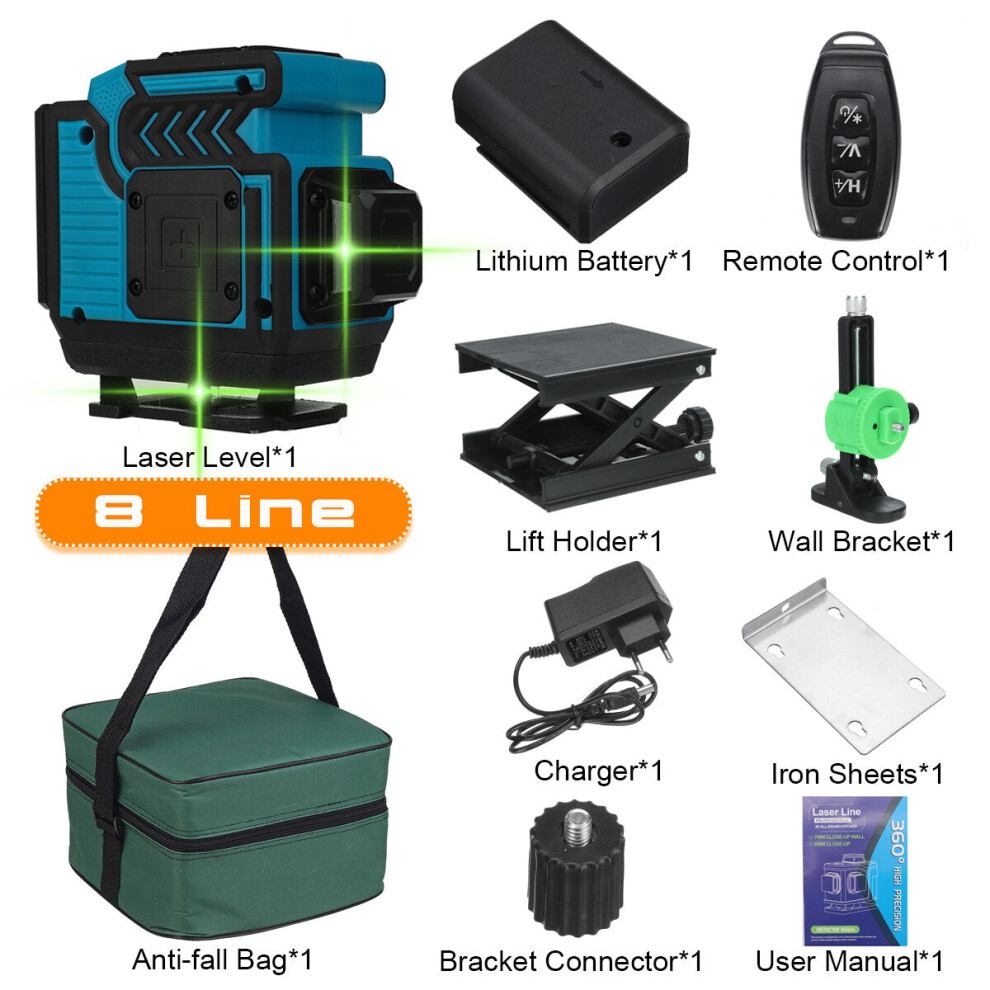 (Blue With 8 Lines) 16/12/8 Line 4D Green Laser Level Meter 360 Horizontal And Vertical Cross Self-Leveling Measurement Super Laser Beam