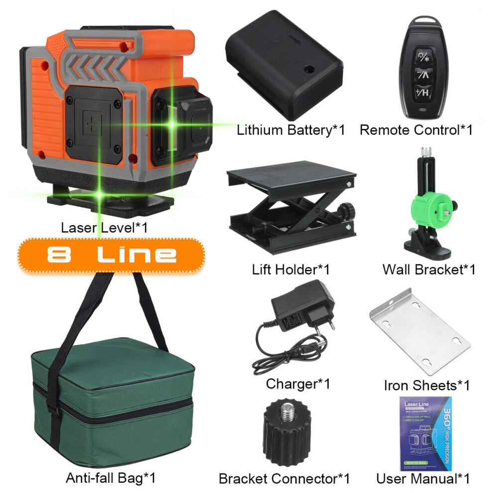 (Orange With 8 Lines) 16/12/8 Line 4D Green Laser Level Meter 360 Horizontal And Vertical Cross Self-Leveling Measurement Super Laser Beam