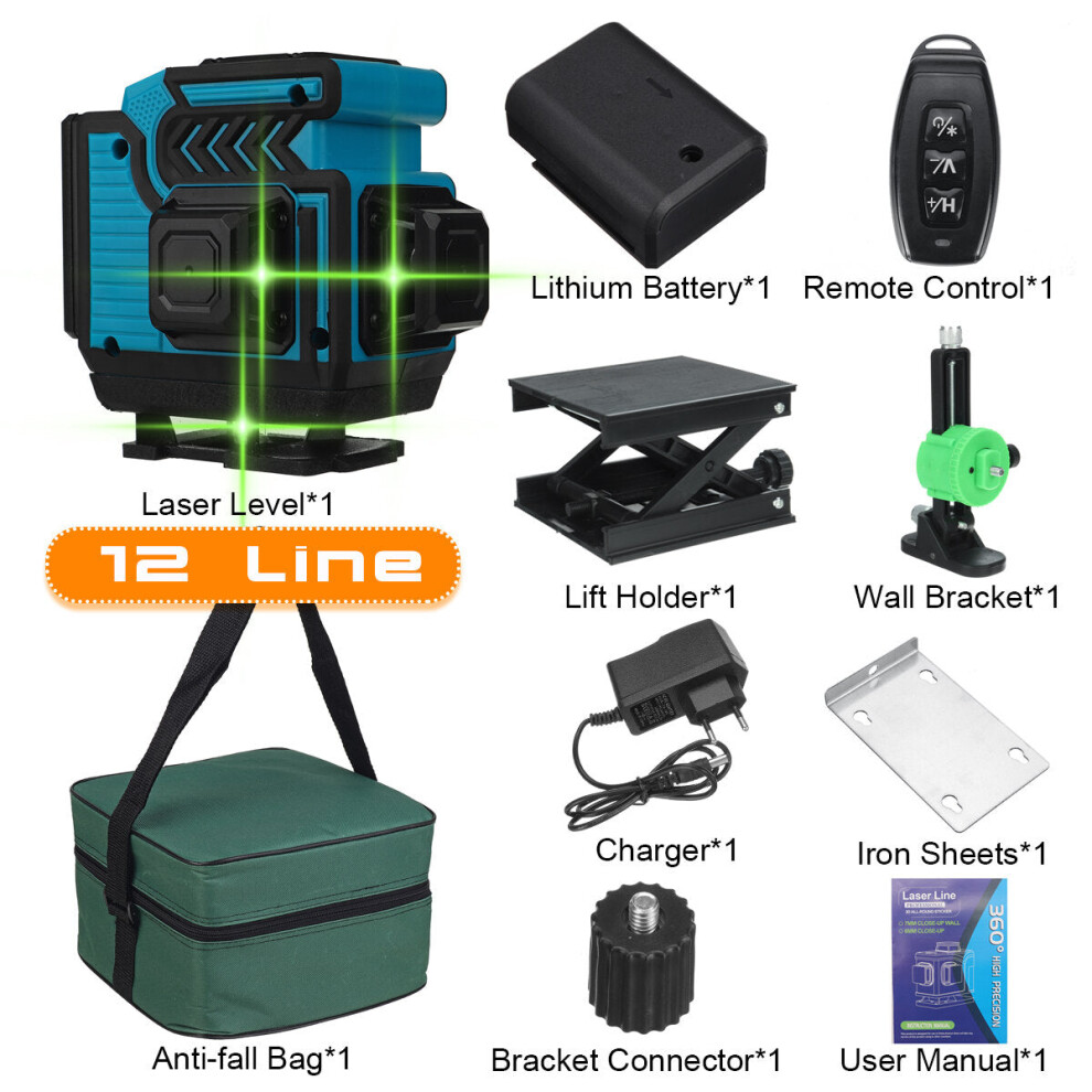 (Blue With 12 Lines) 16/12/8 Line 4D Green Laser Level Meter 360 Horizontal And Vertical Cross Self-Leveling Measurement Super Laser Beam