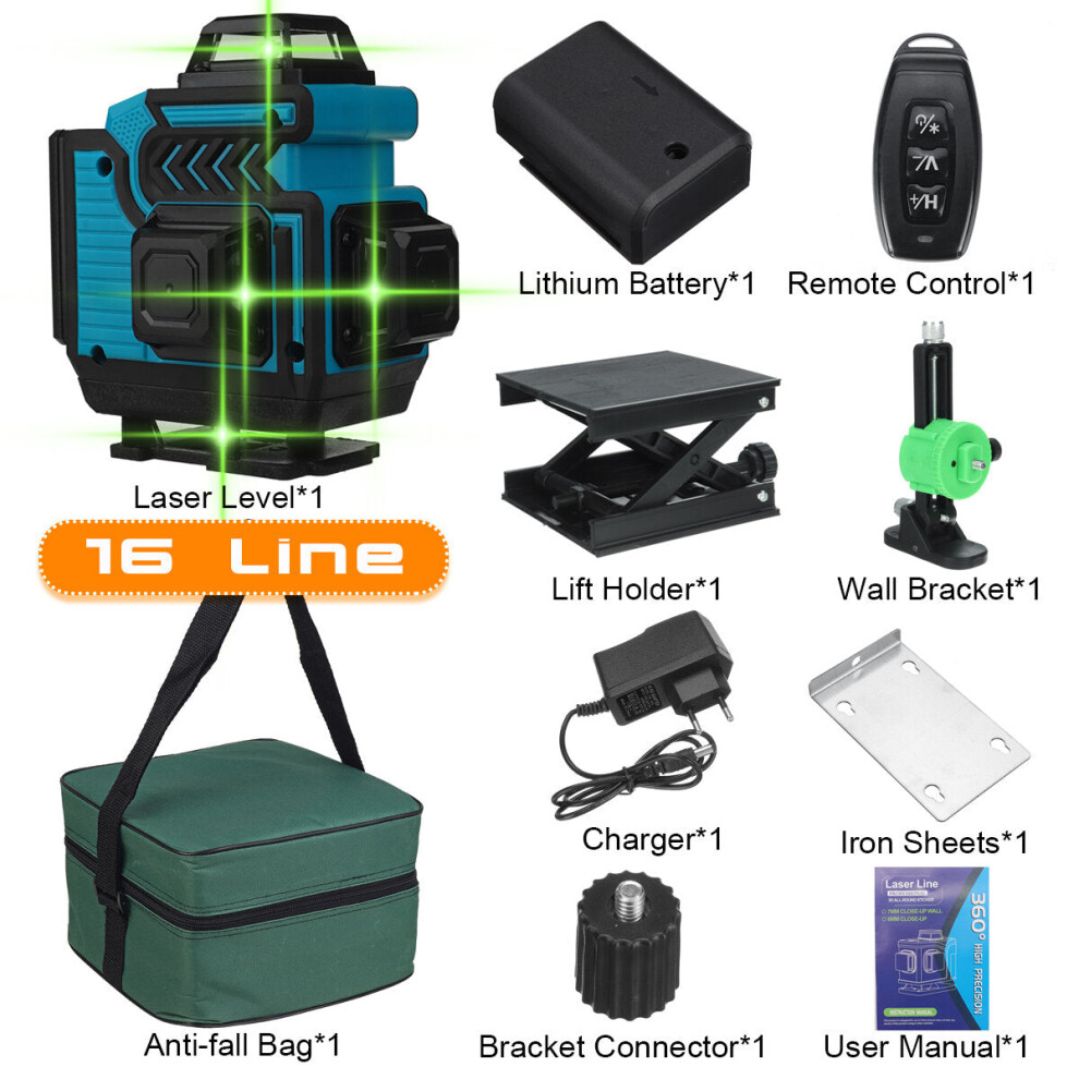 (Blue With 16 Lines) 16/12/8 Line 4D Green Laser Level Meter 360 Horizontal And Vertical Cross Self-Leveling Measurement Super Laser Beam