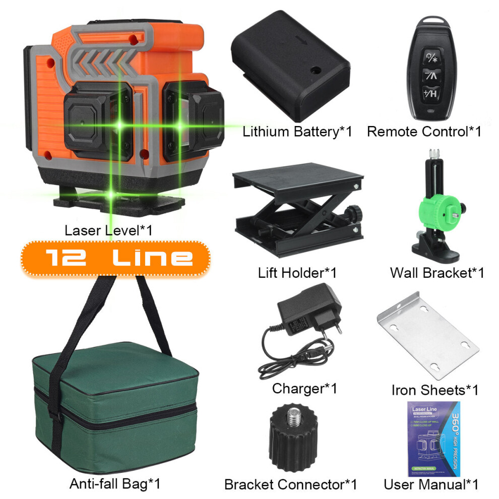 (Orange With 12 Lines) 16/12/8 Line 4D Green Laser Level Meter 360 Horizontal And Vertical Cross Self-Leveling Measurement Super Laser Beam