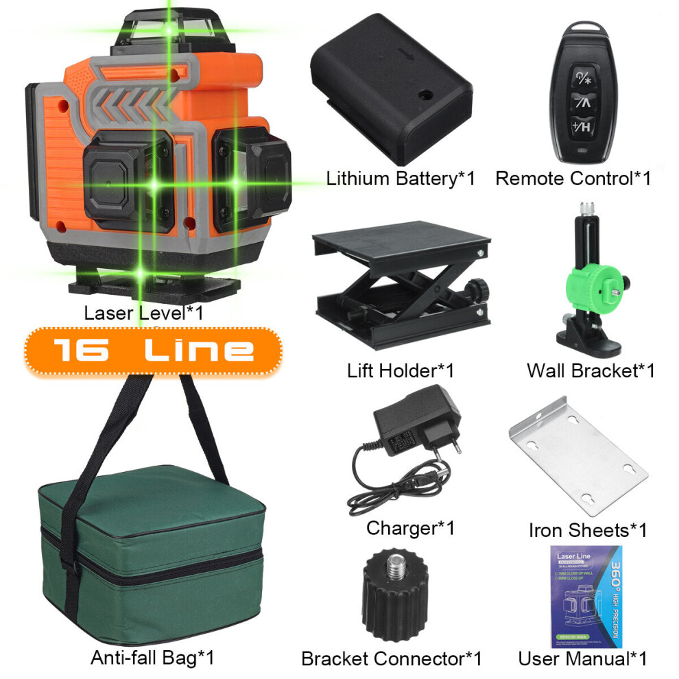 (Orange With 16 Lines) 16/12/8 Line 4D Green Laser Level Meter 360 Horizontal And Vertical Cross Self-Leveling Measurement Super Laser Beam