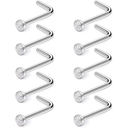 YSDSY L-Form 2mm Klar Steine Nasenpiercing Stift Gebogen Ohrstecker Ringe Nasenstecker 10 Stücke