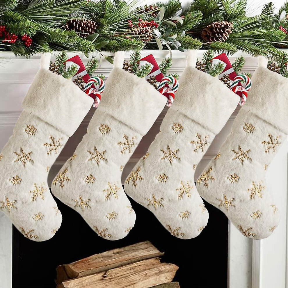Christmas Stockings 4 Pack 19 Inch, Large Faux Fur Xmas Stocking With Sequin Snowflakes For Family, Country Rustic Gold